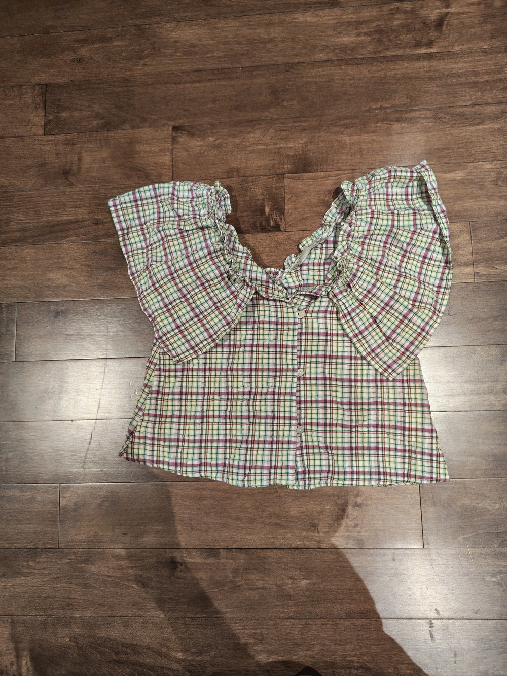 Zara Plaid Button-Down Top in Green, Pink, White
